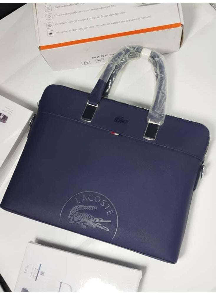 Lacoste Men’s Dark Blue Leather Laptop Bag – Business & Casual Briefcase - Image 2