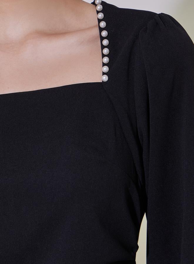 Take Two Faux Pearl Detail Square Neck A-Line Maxi Dress  - Image 3