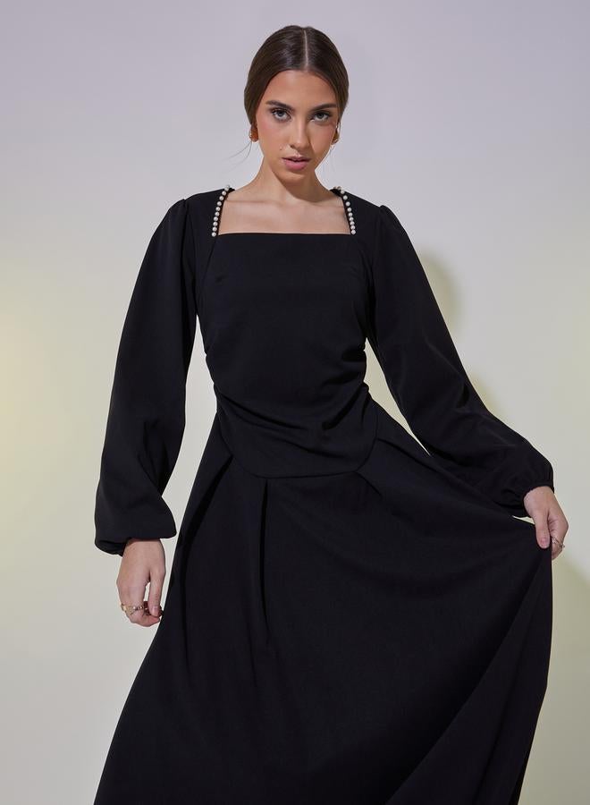 Take Two Faux Pearl Detail Square Neck A-Line Maxi Dress  - Image 2