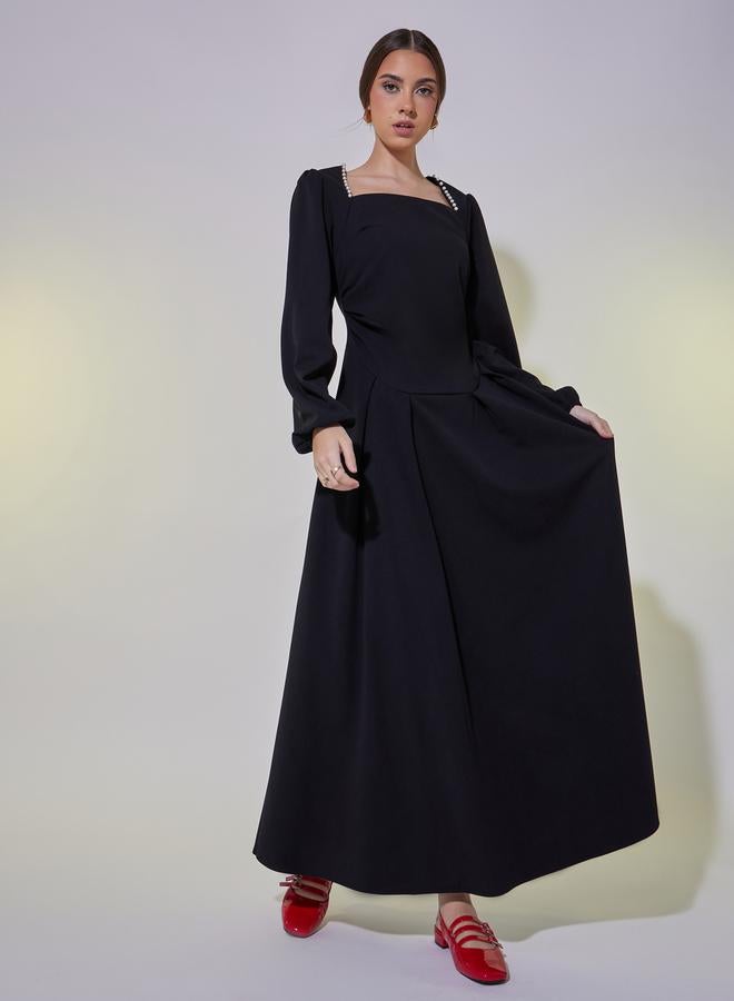 Take Two Faux Pearl Detail Square Neck A-Line Maxi Dress  - Image 1