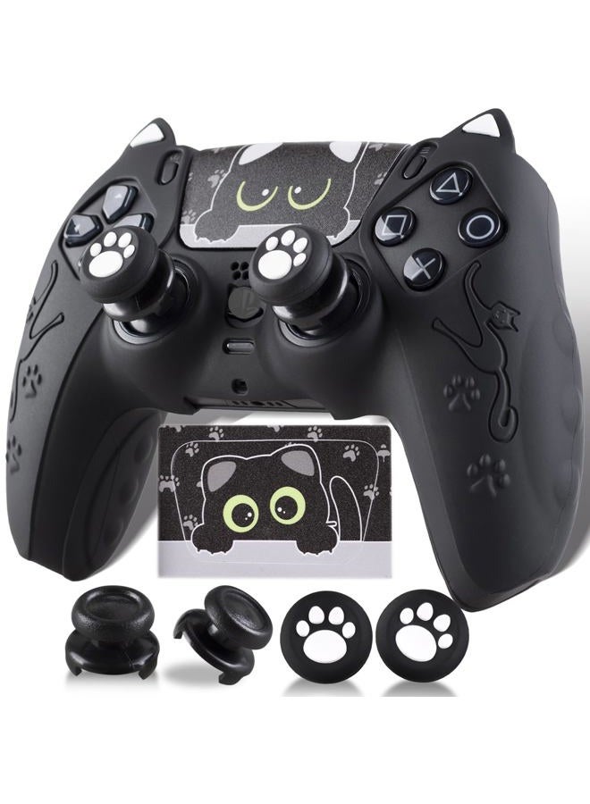 PlayRealm Silicone Skin Cover Sticker x 1 & Extender Grips x 2 for PS5 Controller Cats Black - Image 1