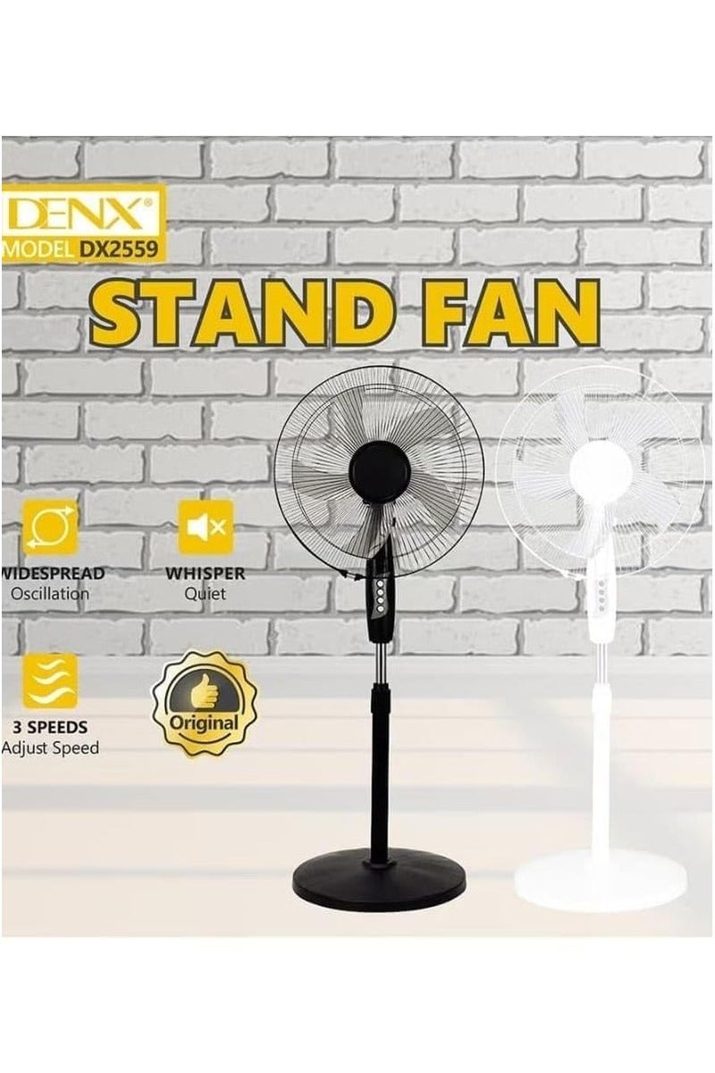 Denx 16 inch stand fan, 90 degree angle, 3 speeds, adjustable height settings up to 138 cm, 5AS blade for optimal heat for home and office, (Black) DX2559 - Image 1