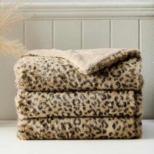 DREAMNINE Luxury Leopard Print Faux Rabbit Fur Blanket for Couch 50" x 60", Decorative Soft Cozy Fluffy Cheetah Microfiber Blankets,Warm Blanket for Winter, Animal Print Thick Fuzzy Lap Blankets, Tan - Image 1