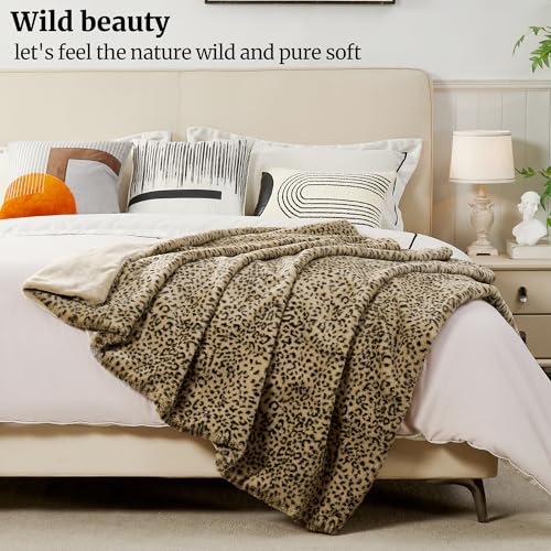DREAMNINE Luxury Leopard Print Faux Rabbit Fur Blanket for Couch 50" x 60", Decorative Soft Cozy Fluffy Cheetah Microfiber Blankets,Warm Blanket for Winter, Animal Print Thick Fuzzy Lap Blankets, Tan - Image 3