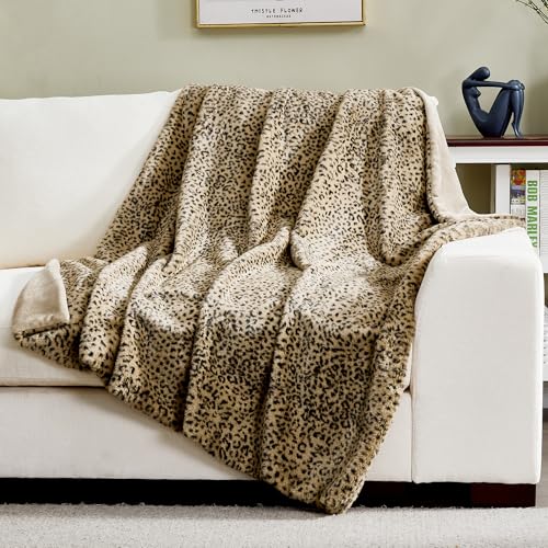 DREAMNINE Luxury Leopard Print Faux Rabbit Fur Blanket for Couch 50" x 60", Decorative Soft Cozy Fluffy Cheetah Microfiber Blankets,Warm Blanket for Winter, Animal Print Thick Fuzzy Lap Blankets, Tan - Image 2