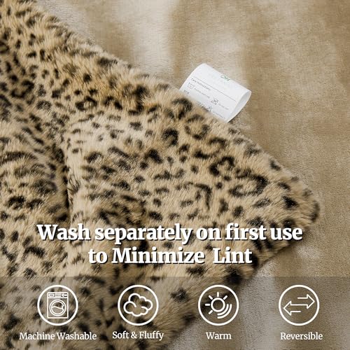 DREAMNINE Luxury Leopard Print Faux Rabbit Fur Blanket for Couch 50" x 60", Decorative Soft Cozy Fluffy Cheetah Microfiber Blankets,Warm Blanket for Winter, Animal Print Thick Fuzzy Lap Blankets, Tan - Image 5