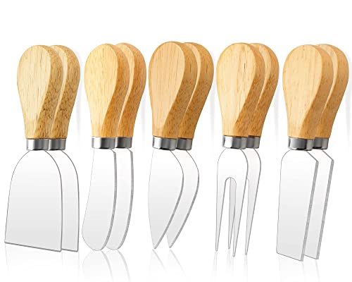 ProudMoore 10 Pcs Cheese Knives, Wooden Handle Cheese Knife Set for Charcuterie Board, Mini Steel Stainless Cheese Cutter, Spreader, Fork for Party Wedding Christmas, Charcuterie Accessories - Image 1