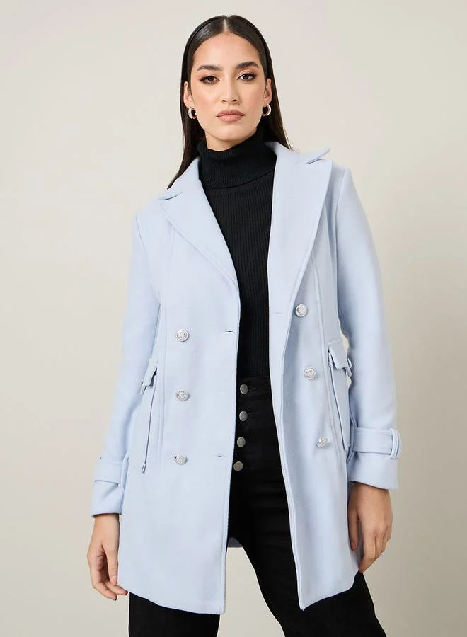 Styli Regular Fit Longline Pocket Detail Double Breasted Coat