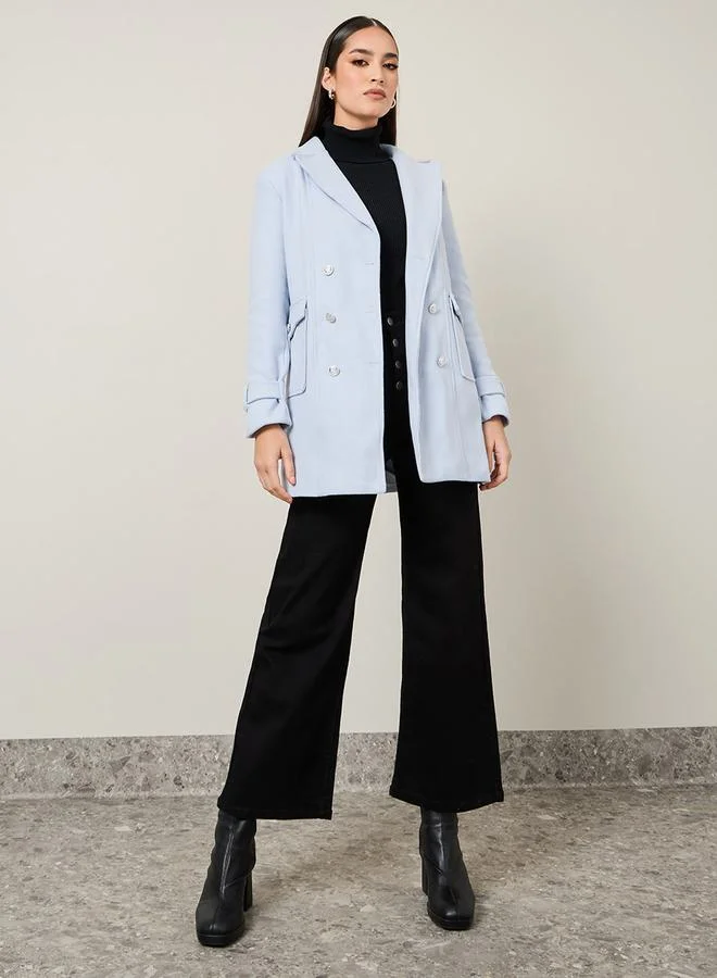 Styli Regular Fit Longline Pocket Detail Double Breasted Coat