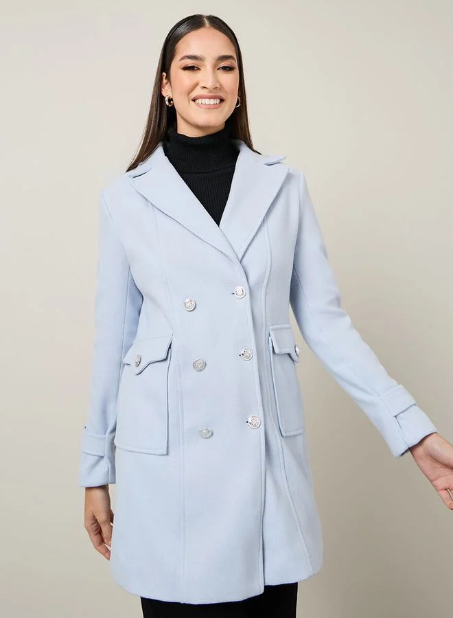Styli Regular Fit Longline Pocket Detail Double Breasted Coat