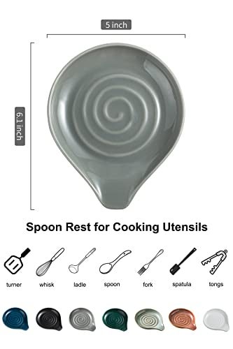 LAUCHUH Spoon Rest for Kitchen Countertop Porcelain Spoon Holder for Stove Top Large Holder for Spatula, Spoons or Tongs, Framhouse Decor, Gray - Image 2