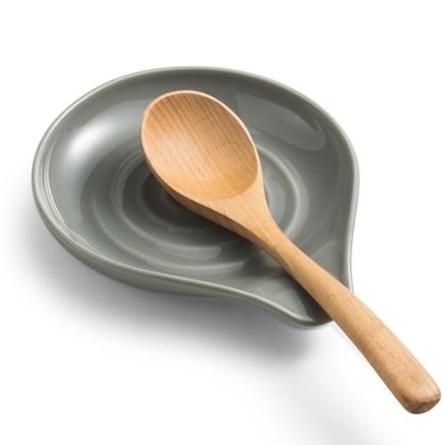 LAUCHUH Spoon Rest for Kitchen Countertop Porcelain Spoon Holder for Stove Top Large Holder for Spatula, Spoons or Tongs, Framhouse Decor, Gray - Image 1