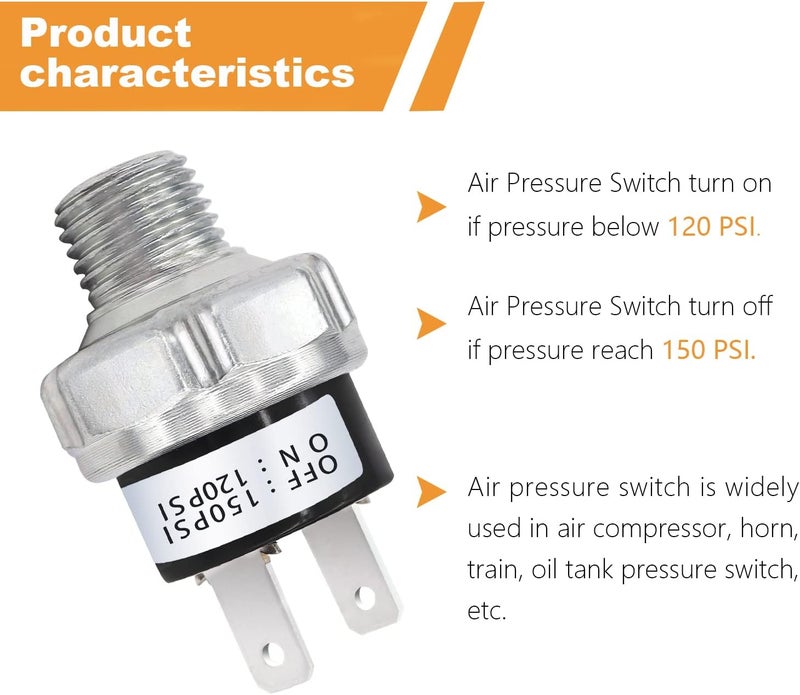 mankk Air Pressure Switch 120-150 PSI Thread 1/4" NPT 24V 12V DC Air Compressor Pressure Switch for Air Horn Train 120-150-1/4" NPT-W - Image 4