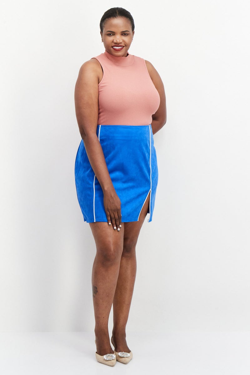 Labelrail x Franceska Perks Women Curvy Fit Plain Mini Skirt, Blue - Image 4