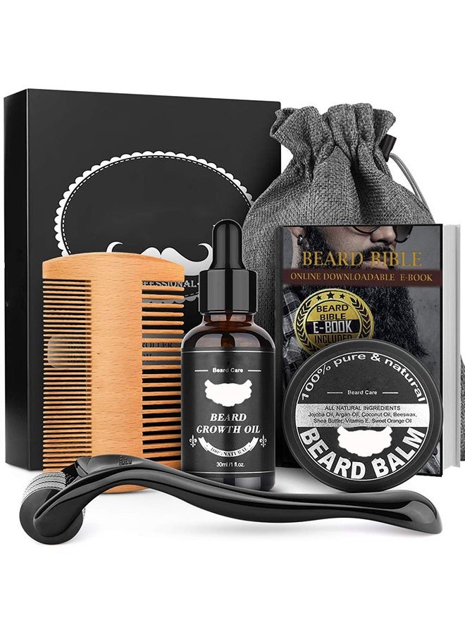 5-Piece Premium Beard Care Kit for Men, Beard Growth Oil, Beard Balm, Double-Sided Comb, Derma Roller & Storage Bag,Natural Beard Grooming & Growth Set for Him - Image 1