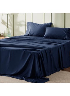 Bedsure Bedsure King Size Sheets Navy - Soft Sheets for King Size Bed, 4 Pieces Hotel Luxury King Sheets, Easy Care Polyester Microfiber Cooling Bed Sheet Set  - Image 1