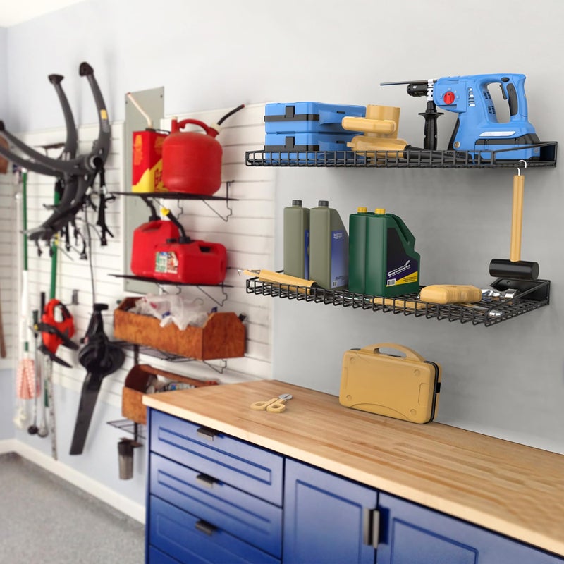 WALMANN 2 Pack Garage Wall Shelf, 23.5" x 12" Wall Mounted Storage Shelves for Garage, Closet, Laundry Room, Heavy Duty Wall Shelving, Holds Up to 65 lbs(Black) - Image 2