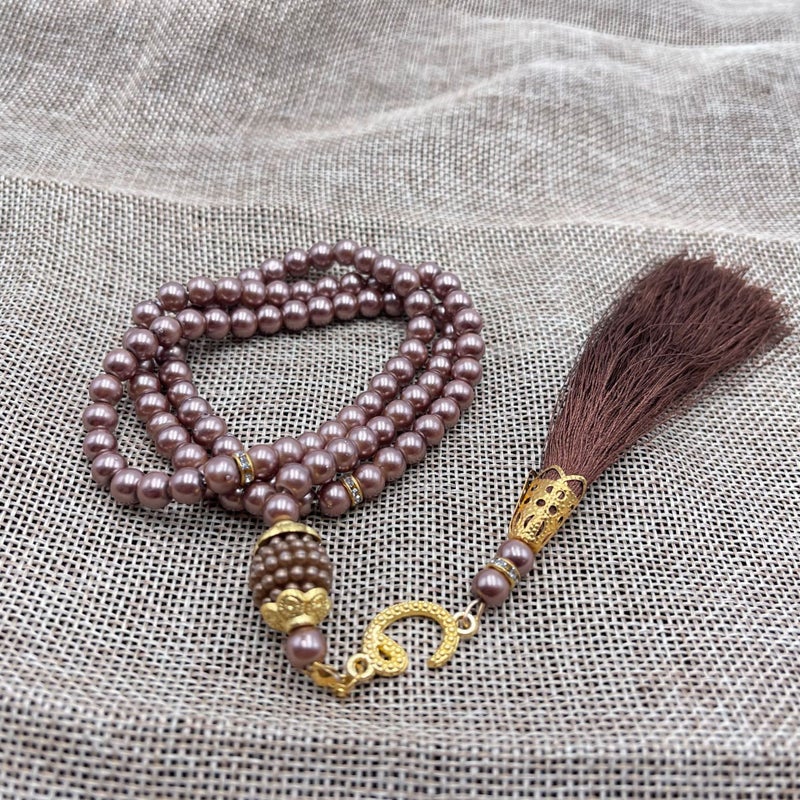99 Beads Glass Faux Pearl TASBIH Prayer Accessory Curry 