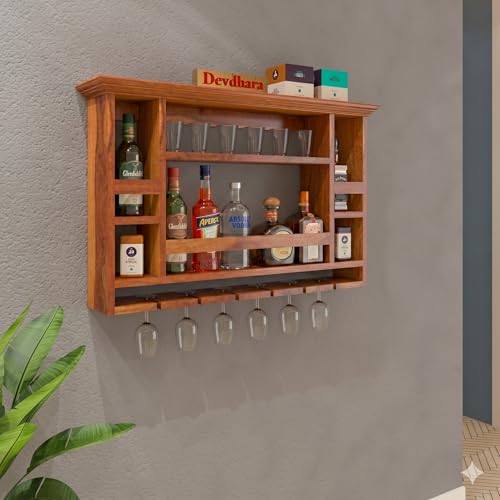 Furnelift Sheesham Wood Wall Mounted Wine Rack & Mini Bar Cabinet for Home - Handcrafted Elegance (Teak Finish) - Image 1