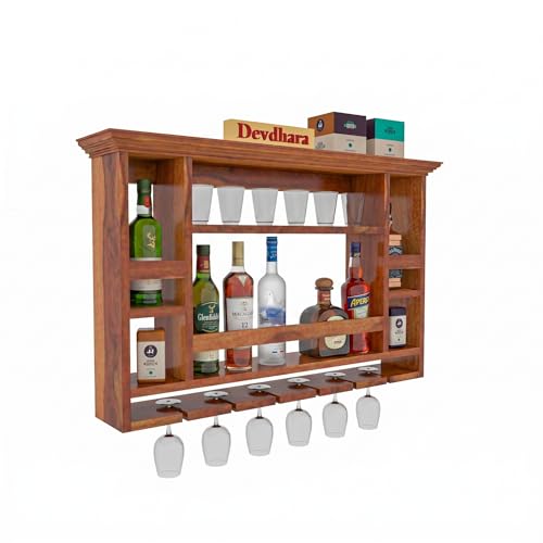 Furnelift Sheesham Wood Wall Mounted Wine Rack & Mini Bar Cabinet for Home - Handcrafted Elegance (Teak Finish) - Image 5