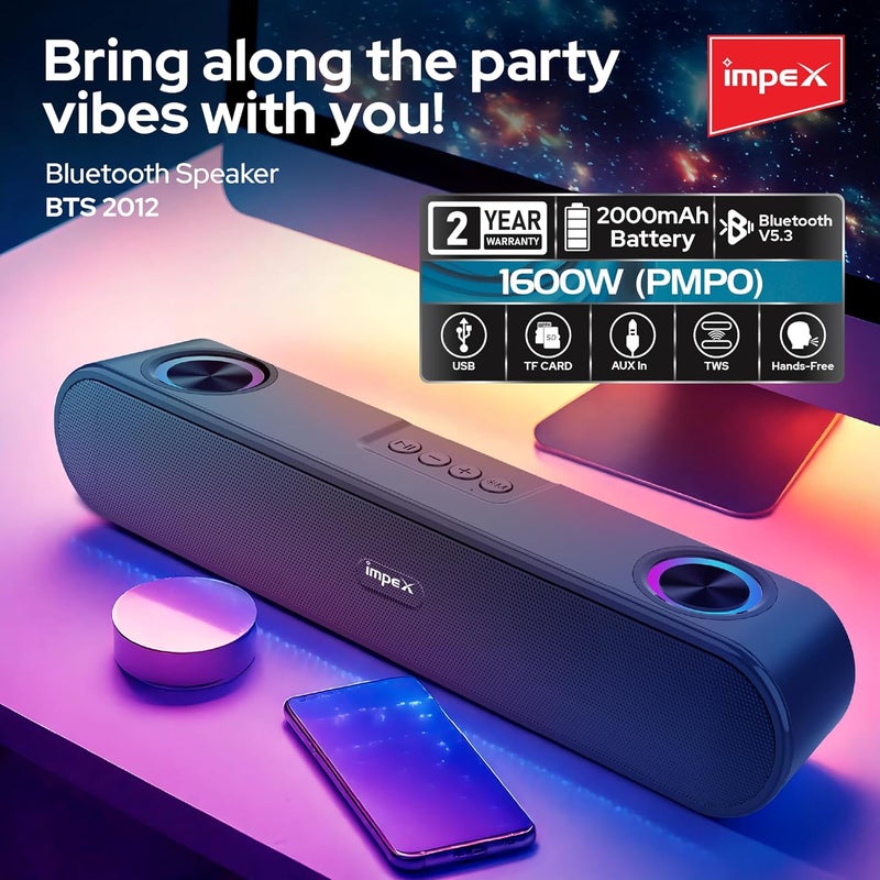 Impex بلوتوث مكبر الصوت مع 1600W PMPO، بطارية 2000mAh، بلوتوث 5.3، أضواء RGB، مزدوج مشعاعات سلبية، USB / TF / AUX / FM / TWS / اليد الحرة، نوع C الشحن، 2 سنة الضمان، ABS المعدنية الجسم - BTS 2012 - Image 2