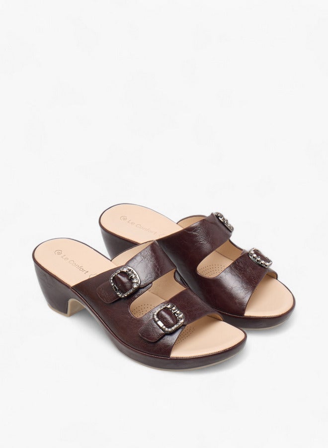 Le Confort Women's Textured Slip-On Comfort Sandals with Embellished Buckle Accent and Block Heels - Image 1