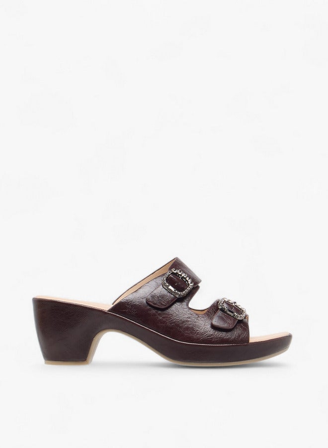 Le Confort Women's Textured Slip-On Comfort Sandals with Embellished Buckle Accent and Block Heels - Image 3