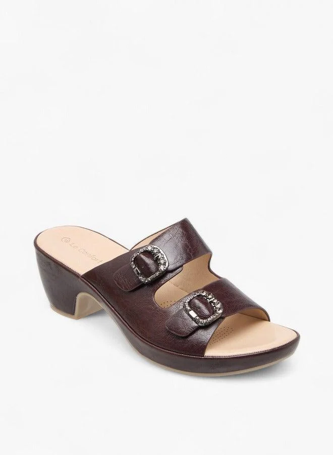 Le Confort Women's Textured Slip-On Comfort Sandals with Embellished Buckle Accent and Block Heels