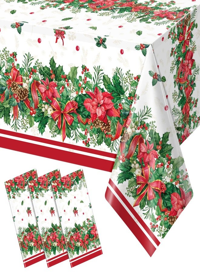 MASHAN 3Pcs Christmas Holly Poinsettia Tablecloths, Holly Berry Red Ribbon Table Cloth Disposable Rectangle Plastic Poinsettia Table Covers for Xmas Holiday Party Decorations and Supplies,54x108inch - Image 1