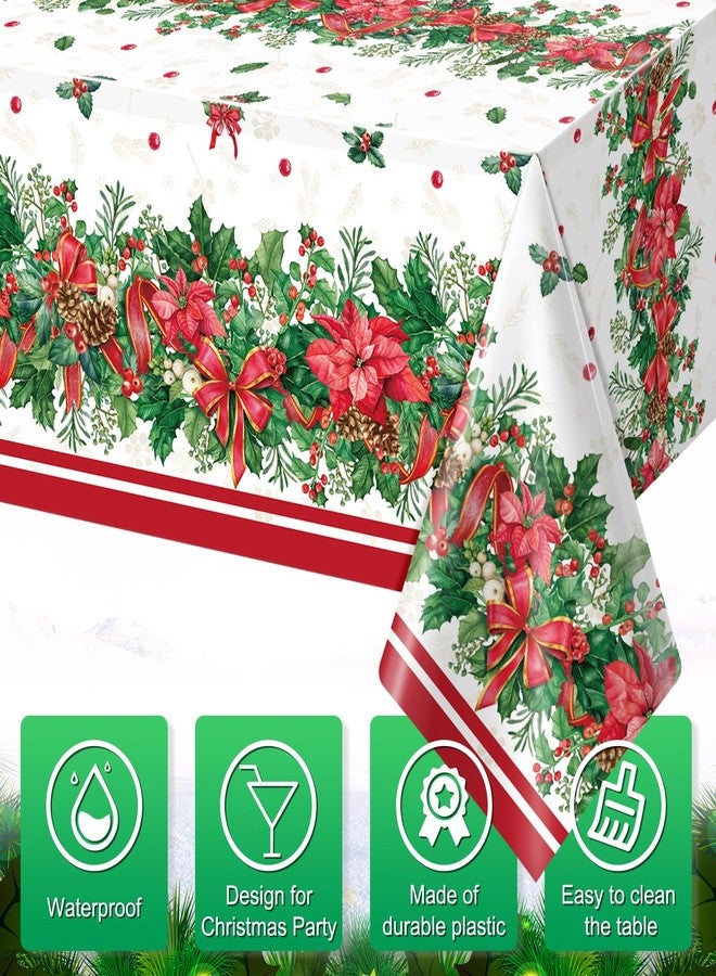 MASHAN 3Pcs Christmas Holly Poinsettia Tablecloths, Holly Berry Red Ribbon Table Cloth Disposable Rectangle Plastic Poinsettia Table Covers for Xmas Holiday Party Decorations and Supplies,54x108inch - Image 3
