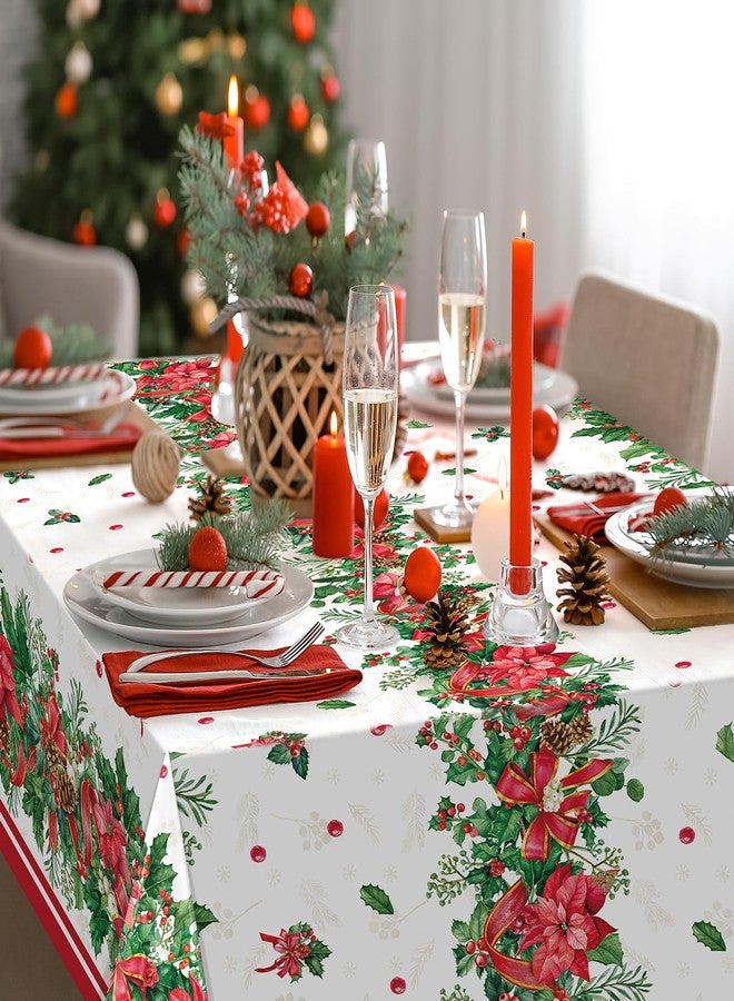 MASHAN 3Pcs Christmas Holly Poinsettia Tablecloths, Holly Berry Red Ribbon Table Cloth Disposable Rectangle Plastic Poinsettia Table Covers for Xmas Holiday Party Decorations and Supplies,54x108inch - Image 5