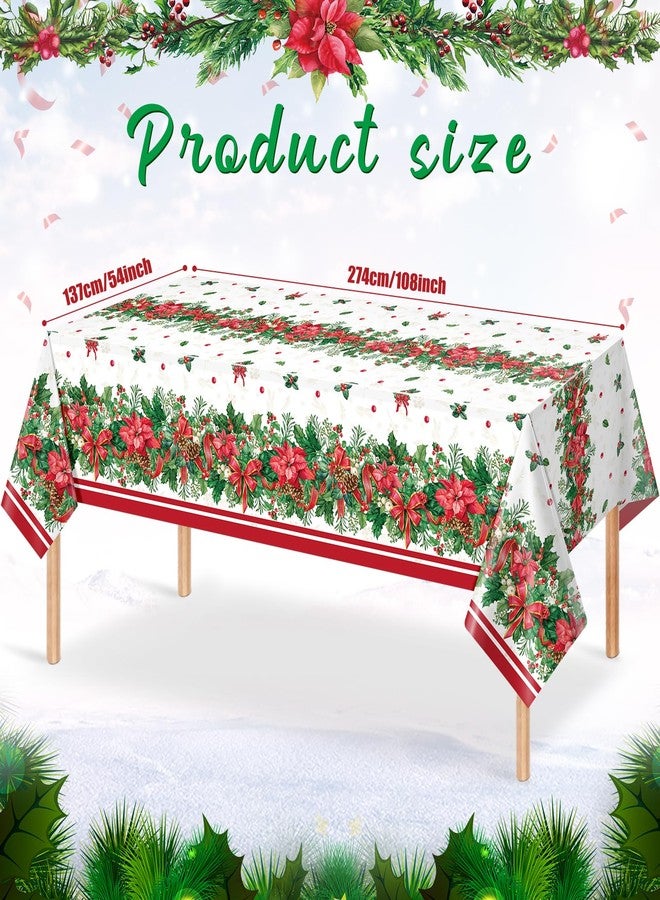 MASHAN 3Pcs Christmas Holly Poinsettia Tablecloths, Holly Berry Red Ribbon Table Cloth Disposable Rectangle Plastic Poinsettia Table Covers for Xmas Holiday Party Decorations and Supplies,54x108inch - Image 2