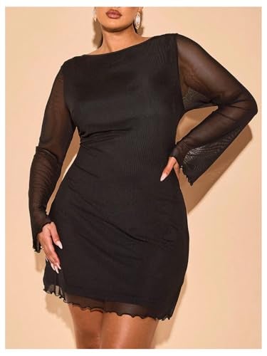 BEAUDRM Women's Plus Size Sheer Mesh Mini Dresses Long Bell Sleeve Wedding Guest Dresses Lettuce Trim Going Out Dresses Black 3X-Large Plus - Image 4