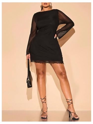 BEAUDRM Women's Plus Size Sheer Mesh Mini Dresses Long Bell Sleeve Wedding Guest Dresses Lettuce Trim Going Out Dresses Black 3X-Large Plus - Image 5