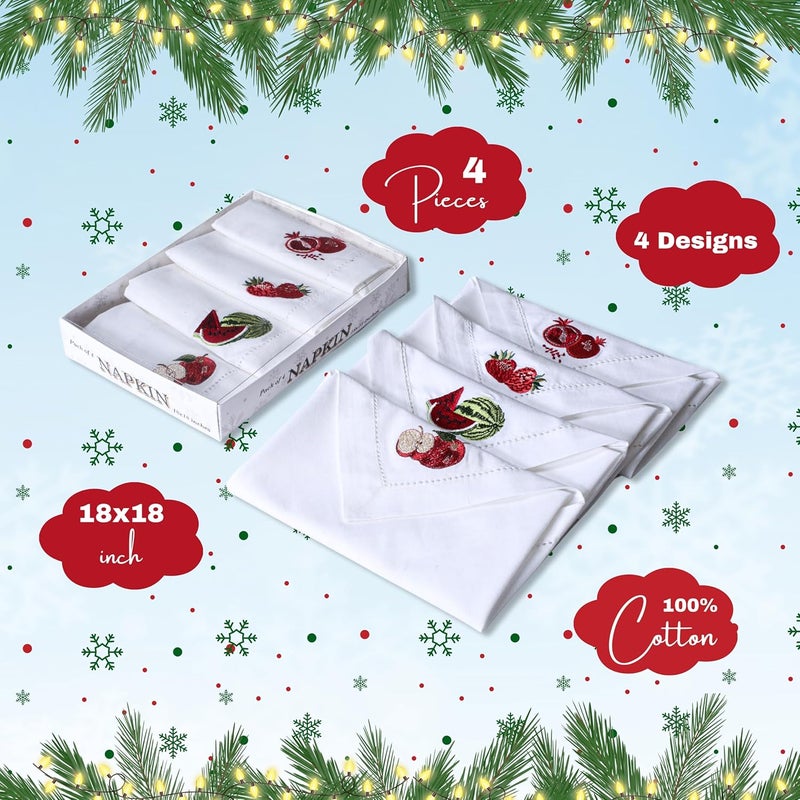 Bedding Craft Cloth Napkins Cotton Watermelon Apple Multi Christmas Embroidered Set of 4 Square Machine Washable Home  Kitchen - Image 2