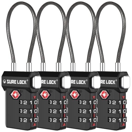 SURE LOCK أقفال حقائب السفر بترخيص TSA من SURE LOCK - قفل مكون من 3 أرقام مع مؤشر فتح، رمز قابل لإعادة الضبط مع هيكل من سبائك الزنك، وأقراص سهلة القراءة للحقائب، والحقائب المدرسية، وخزائن الصالة الرياضية وصندوق الأدوات (أسود 4 عبوات) - Image 1
