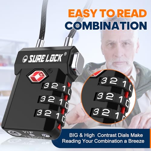 SURE LOCK أقفال حقائب السفر بترخيص TSA من SURE LOCK - قفل مكون من 3 أرقام مع مؤشر فتح، رمز قابل لإعادة الضبط مع هيكل من سبائك الزنك، وأقراص سهلة القراءة للحقائب، والحقائب المدرسية، وخزائن الصالة الرياضية وصندوق الأدوات (أسود 4 عبوات) - Image 3