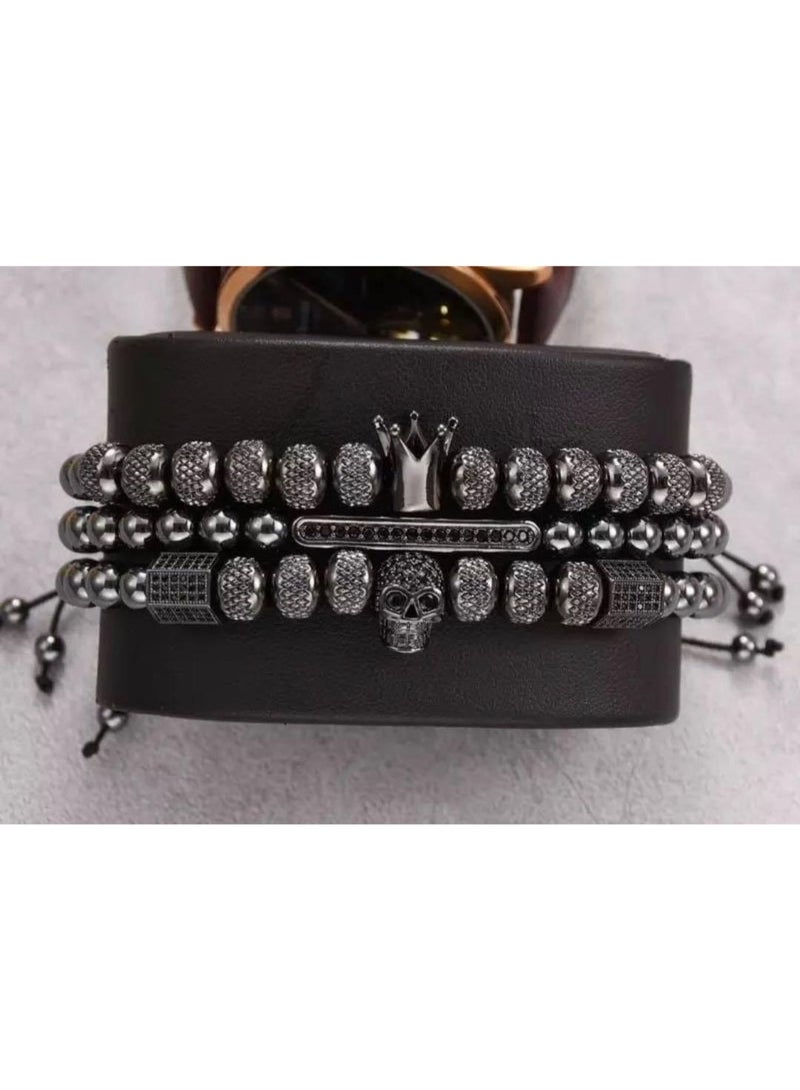 Mostafa Al Attar Men's Luxury Black Beaded Bracelet Set - Crown & Skull Charms with Zirconia Accent - Image 1