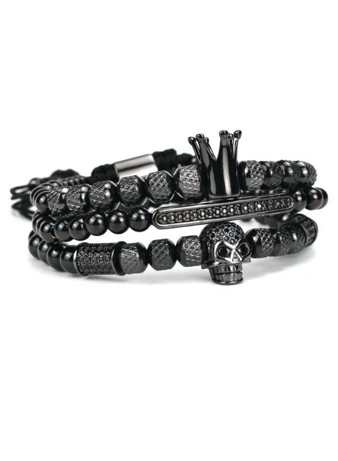 Mostafa Al Attar Men's Luxury Black Beaded Bracelet Set - Crown & Skull Charms with Zirconia Accent - Image 2