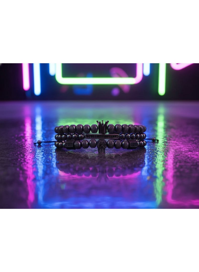 Mostafa Al Attar Men's Luxury Black Beaded Bracelet Set - Crown & Skull Charms with Zirconia Accent - Image 3