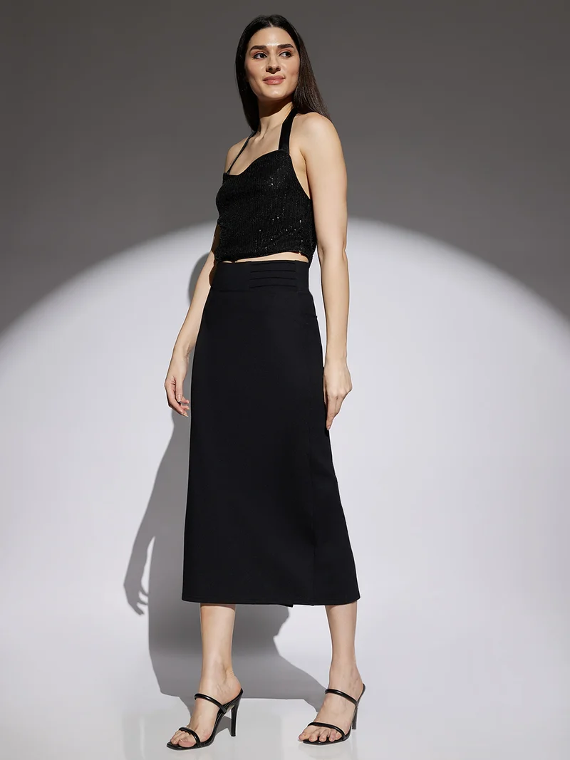 globus Globus Women Black Mid Rise Back Slit Stretchable Pencil Midi Skirt