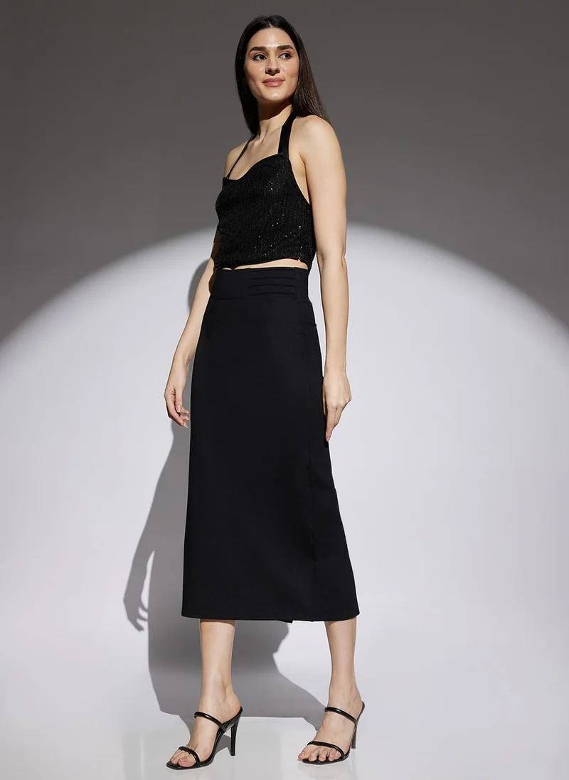 globus Globus Women Black Mid Rise Back Slit Stretchable Pencil Midi Skirt