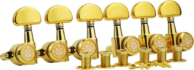 guyker 6Pcs Guitar Locking Tuners (3L + 3R) – 1:21 Lock String Tuning Key Pegs Machine Heads with Half-Circle Handle Replacement for LP SG Style Electric, Folk or Acoustic Guitars – Golden - Image 2