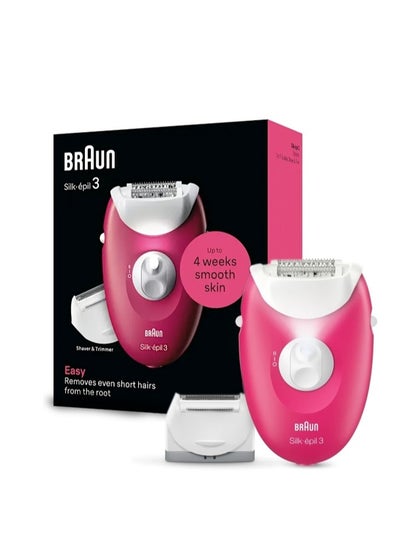 BRAUN Silk-epil 3 SkinSpa 3-032 Epilator, Shaver head, Cleaning Brush, Smart Light, Corded Red & White