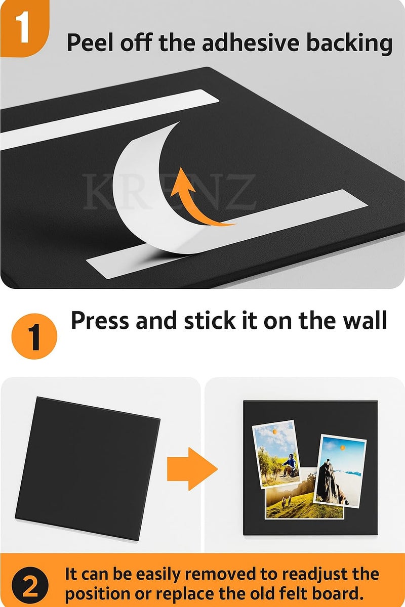 KRENZ Self Adhesive (30 X 30 CM) Bulletin Notice Board with 10 Drawing Pins Multi Purpose Notice Board for Home Office School Message Board for Notes Photos Jewelry Wall Board (Pack of 2, Black) - Image 5