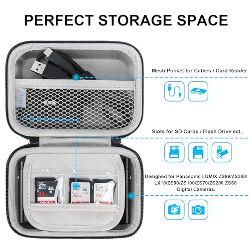 Lacdo Camera Carrying Case for Panasonic LUMIX ZS99ZS300LX10ZS80ZS100ZS70ZS200 Point and Shoot Digital Camera Protective Camera Storage Trave Bag Mesh Pocket fits Batteries Cable BlackGray - Image 3