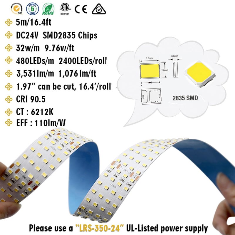 SuperlightingLED Super Bright White LED Strip - 2835SMD High CRI 90 Quad Row Flexible LED Strip Lights - 24VDC IP20 17,650 lm/Roll for LED Retail Shops, Videography Lighting (5m/16.4' Daylight White) - Image 4