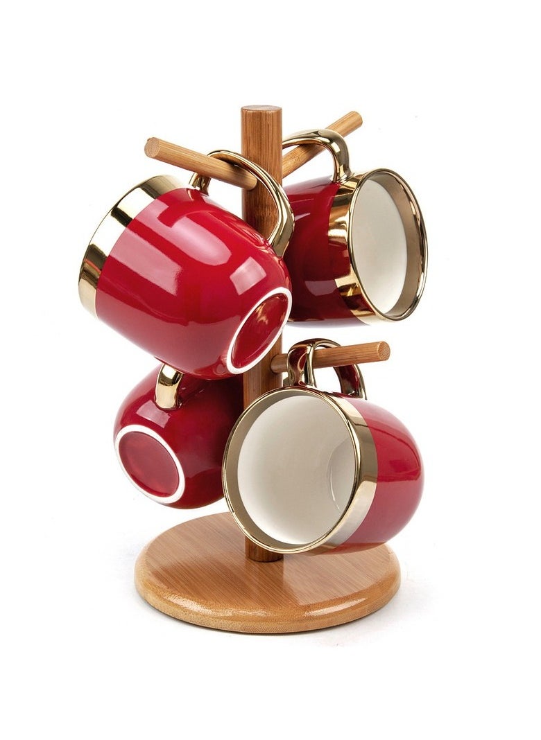 LA MAYA La Maya tea mug set of 6 pieces on a wooden stand, red 1678 WINE RED  - Image 2