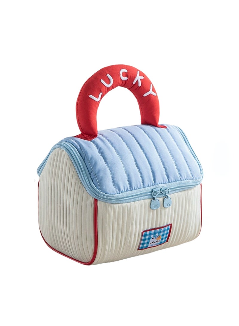Cute House Cosmetic Bag Girl Soft Contrast Color Toiletry Bag Travel Portable Handbag Large Capacity Storage Bag (Red and Blue Contrast Color) - Image 1