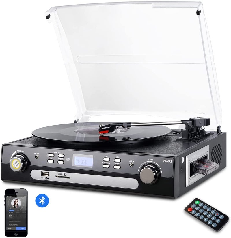 DIGITNOW DIGITNOW! Vinyl Record Player, Bluetooth Turntable with Stereo Speakers, Turntable for Vinyl to MP3 with Cassette Play, AM/FM Radio, Remote Control, USB/SD Encoding, 3.5mm Music Output Jack - Image 1